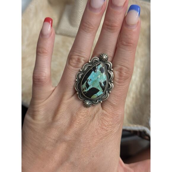 Native American Sterling Silver Blackjack Turquoise Bennie Ramone Ring Size 8